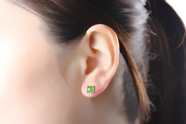 Square Ear Stud Natural Nephrite Earrings Canadian Jade 925S  Greenstone  Jasper NZ jade Maori Pounamu Ohrringe Oreille clou Brincos Серьги