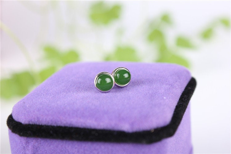 Round Ear Stud Natural Nephrite Earrings Canadian Jade 925S Greenstone  Jasper NZ jade Maori Pounamu Ohrringe Oreille clou Brincos Серьги