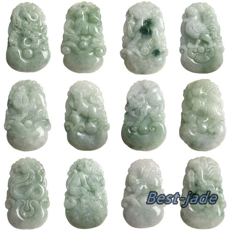 1 Set Real green Flower Chinese 12 Twelve Zodiac Ice Burma Jade Grade A Jadeite pendants Necklace  Anhänger Jewelry jade gift