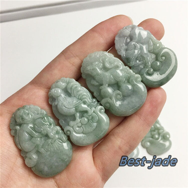 1 Set Real green Flower Chinese 12 Twelve Zodiac Ice Burma Jade Grade A Jadeite pendants Necklace  Anhänger Jewelry jade gift