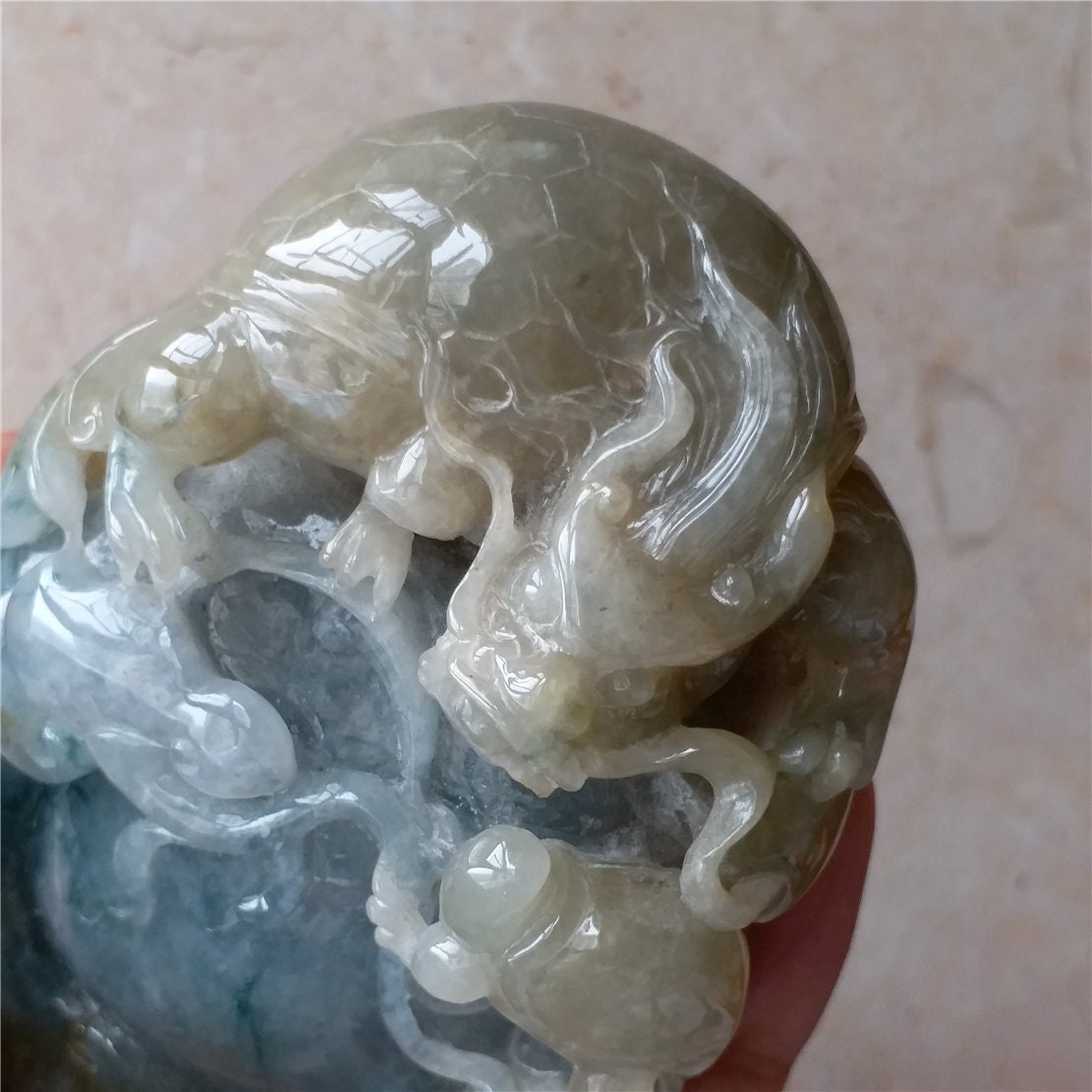 High quality Burma Jadeite Dragon and Turtle Ruyi Hand Held Massage Good polishing Hand craved Natural（Grade A）Green Jade Pendant Gemstone