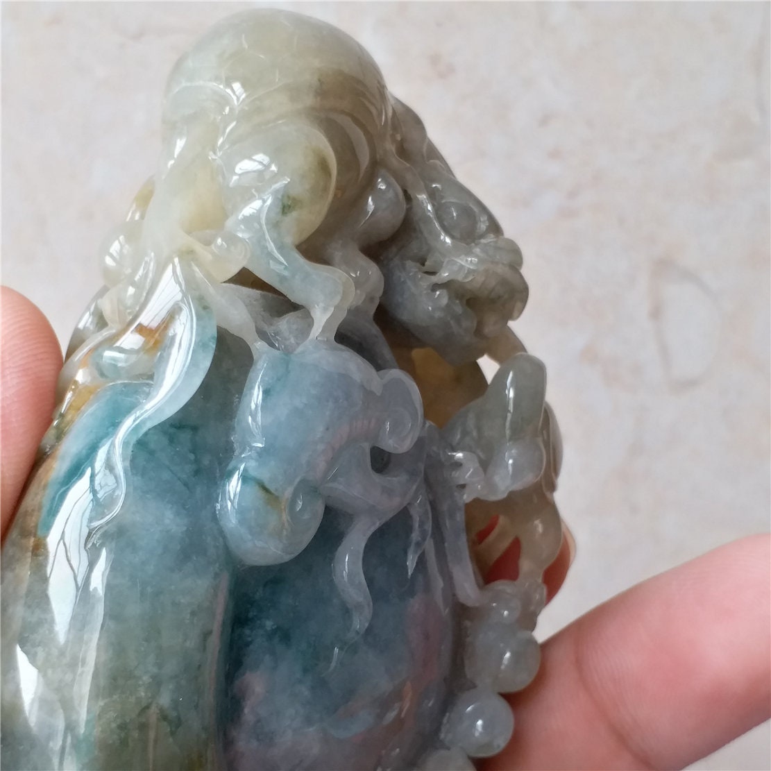 High quality Burma Jadeite Dragon and Turtle Ruyi Hand Held Massage Good polishing Hand craved Natural（Grade A）Green Jade Pendant Gemstone