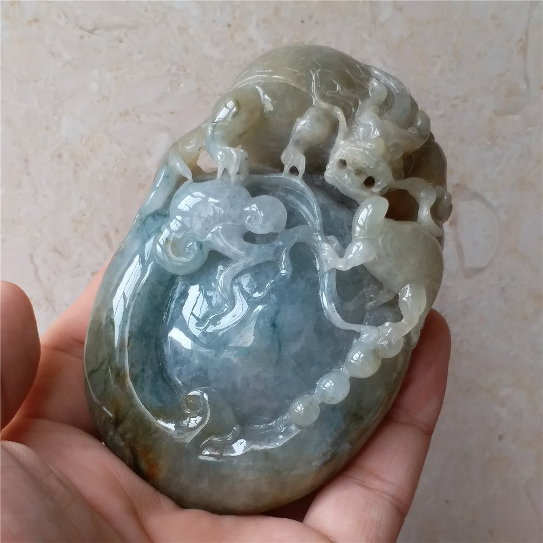 High quality Burma Jadeite Dragon and Turtle Ruyi Hand Held Massage Good polishing Hand craved Natural（Grade A）Green Jade Pendant Gemstone