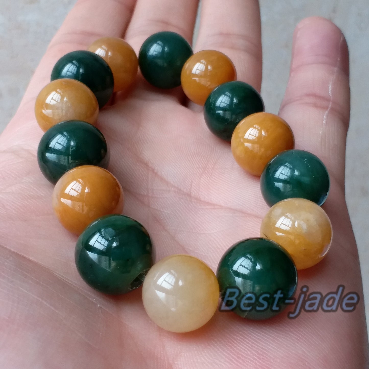 BIG Nephrite and Yellow jade 13mm Grade A  Green Canadian Jade Beads Bangle Bracelet Pounamu NZ Jade Jasper Ball Womrn lady kid chain BC