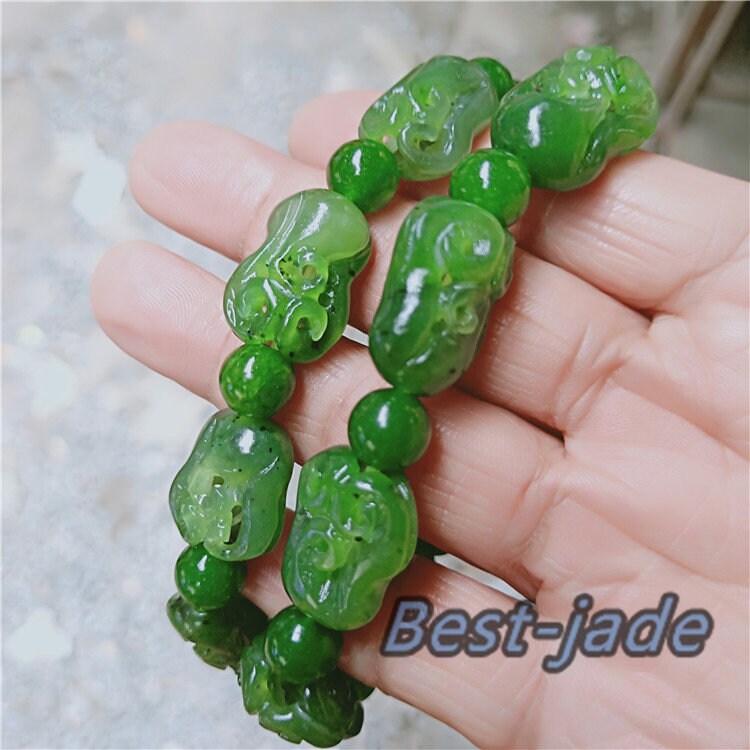 Flower Hollow beads Top Grade Apple Green stone Natural Nephrite Jade Bangle Chain Hand line Men Bracelet Pounamu Canadian jasper NZ Jade BC