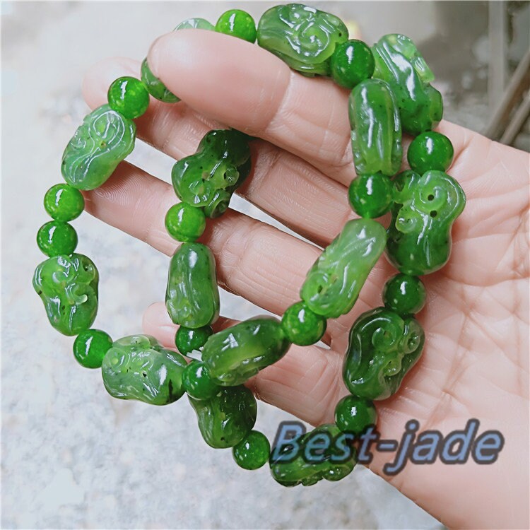 Flower Hollow beads Top Grade Apple Green stone Natural Nephrite Jade Bangle Chain Hand line Men Bracelet Pounamu Canadian jasper NZ Jade BC