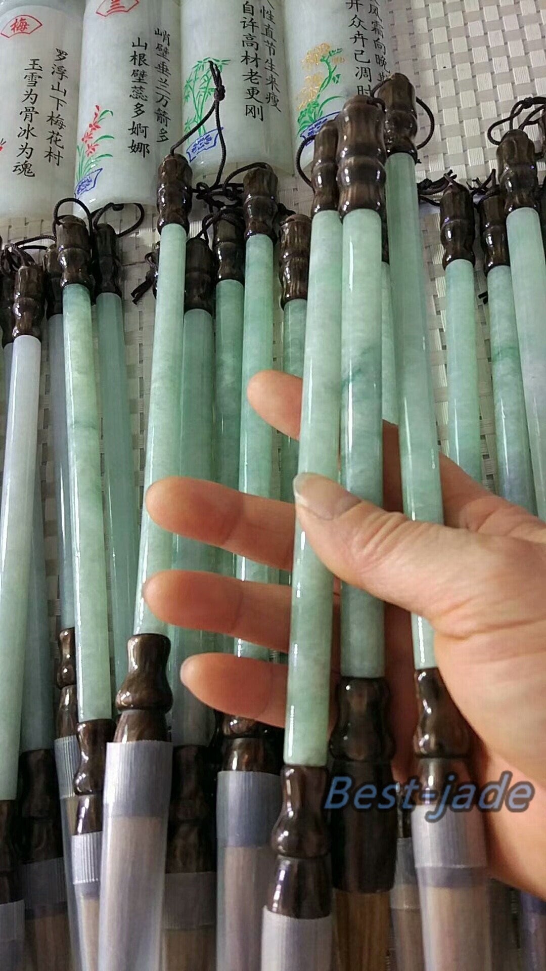 Green jadeite Natural Burma jade ice Grade A jadeit HAND CARVED Chinese Calligraphy Brush Pen