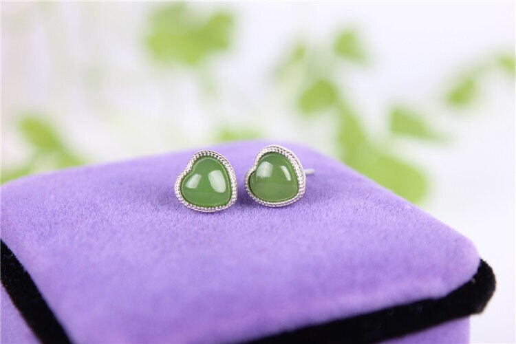 Heart Ear Stud Natural Nephrite Earrings Canadian Jade 925S  Greenstone BC Jasper NZ jade Maori Pounamu Ohrringe Oreille clou Brincos Серьги