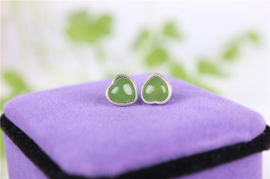 Heart Ear Stud Natural Nephrite Earrings Canadian Jade 925S  Greenstone BC Jasper NZ jade Maori Pounamu Ohrringe Oreille clou Brincos Серьги