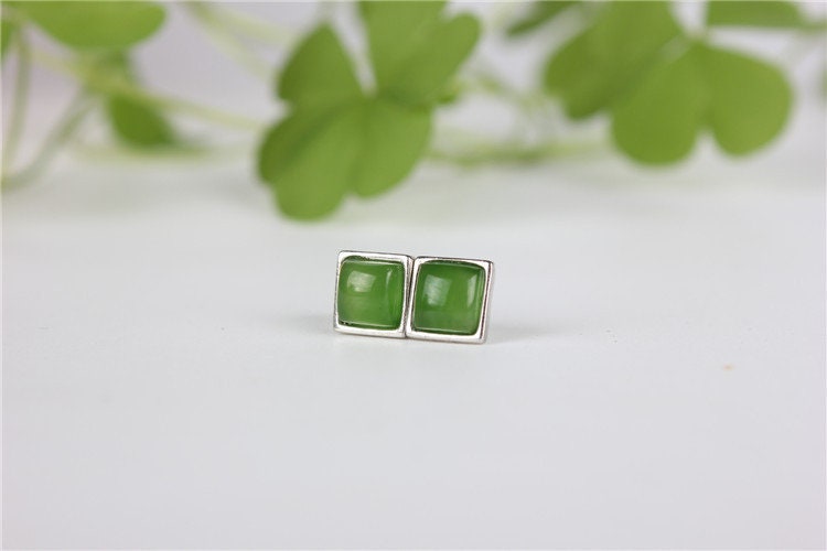 Square Ear Stud Natural Nephrite Earrings Canadian Jade 925S  Greenstone  Jasper NZ jade Maori Pounamu Ohrringe Oreille clou Brincos Серьги