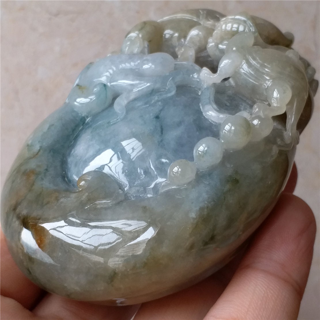 High quality Burma Jadeite Dragon and Turtle Ruyi Hand Held Massage Good polishing Hand craved Natural（Grade A）Green Jade Pendant Gemstone