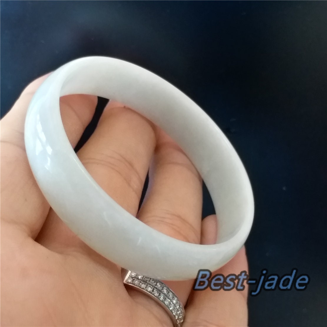 53.8mm Natural Burma Jadeite  Green Grade A ICE Jade Flat Bangle Lady Bracelet Girl Chain hermes 翡翠A货手镯 082