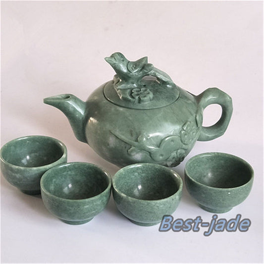 Magpie Teapot Natural Chinese jade handmade drinking Teapot set  wine glass cup  Green jade Birthday gift no treatment