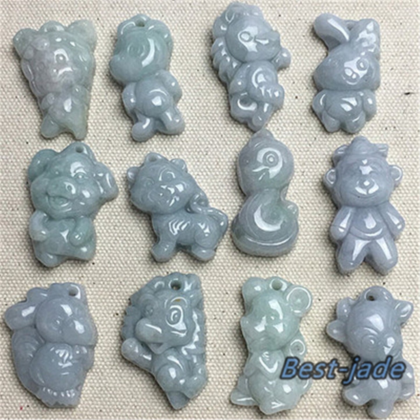 1Set Cartoon Cute Chinese Twelve Zodiac Chinese Feicui green Burma Jade hand carved Natural Grade A Jadeite pendant Necklace Anhänger gift