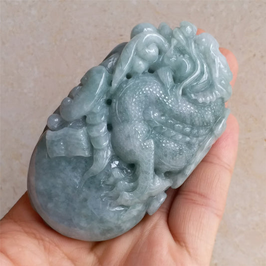 Good carving Natura Ice Green Dragon Hand held Massage Burma Jadeite Grade A Jade A stone Big Pendant 翡翠A货 虎虎生威