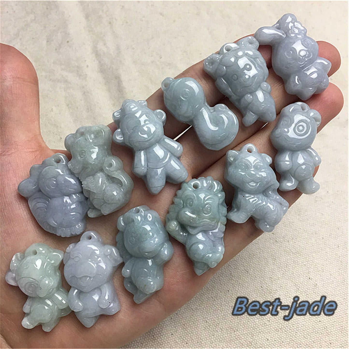 1Set Cartoon Cute Chinese Twelve Zodiac Chinese Feicui green Burma Jade hand carved Natural Grade A Jadeite pendant Necklace Anhänger gift