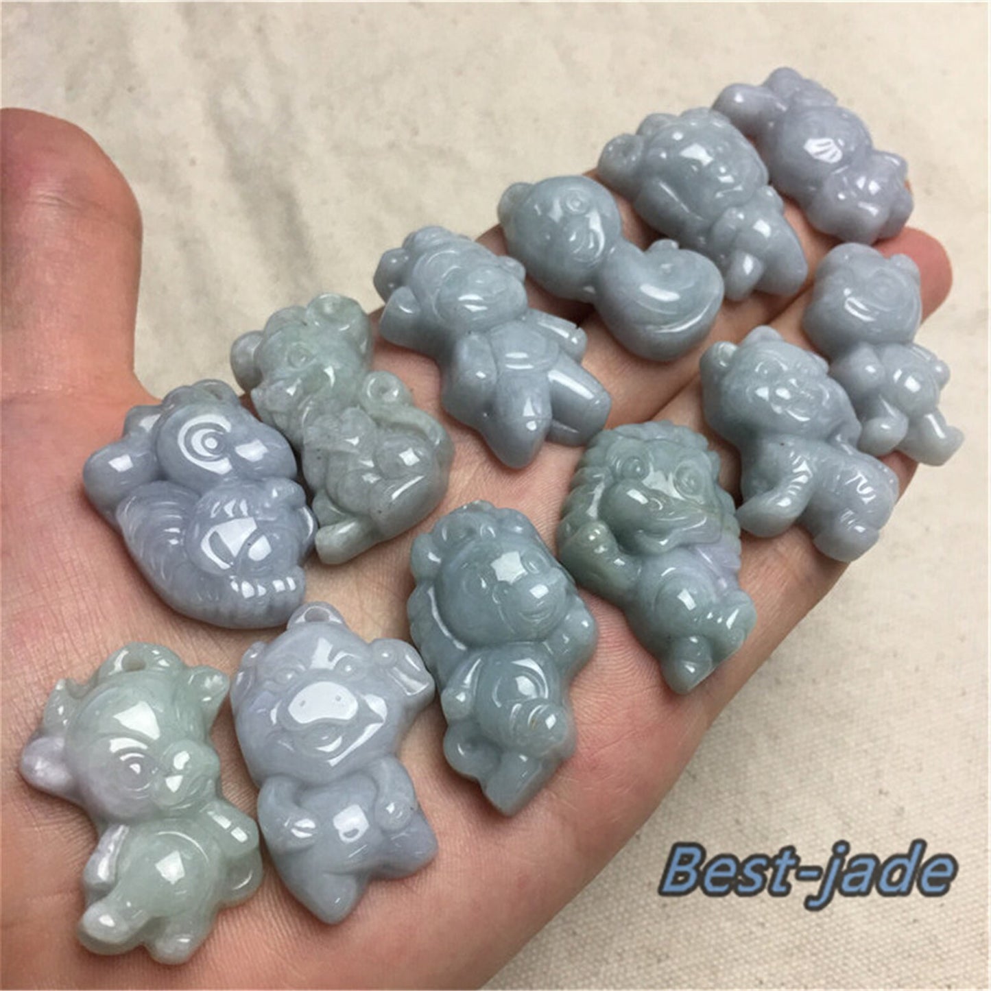 1Set Cartoon Cute Chinese Twelve Zodiac Chinese Feicui green Burma Jade hand carved Natural Grade A Jadeite pendant Necklace Anhänger gift