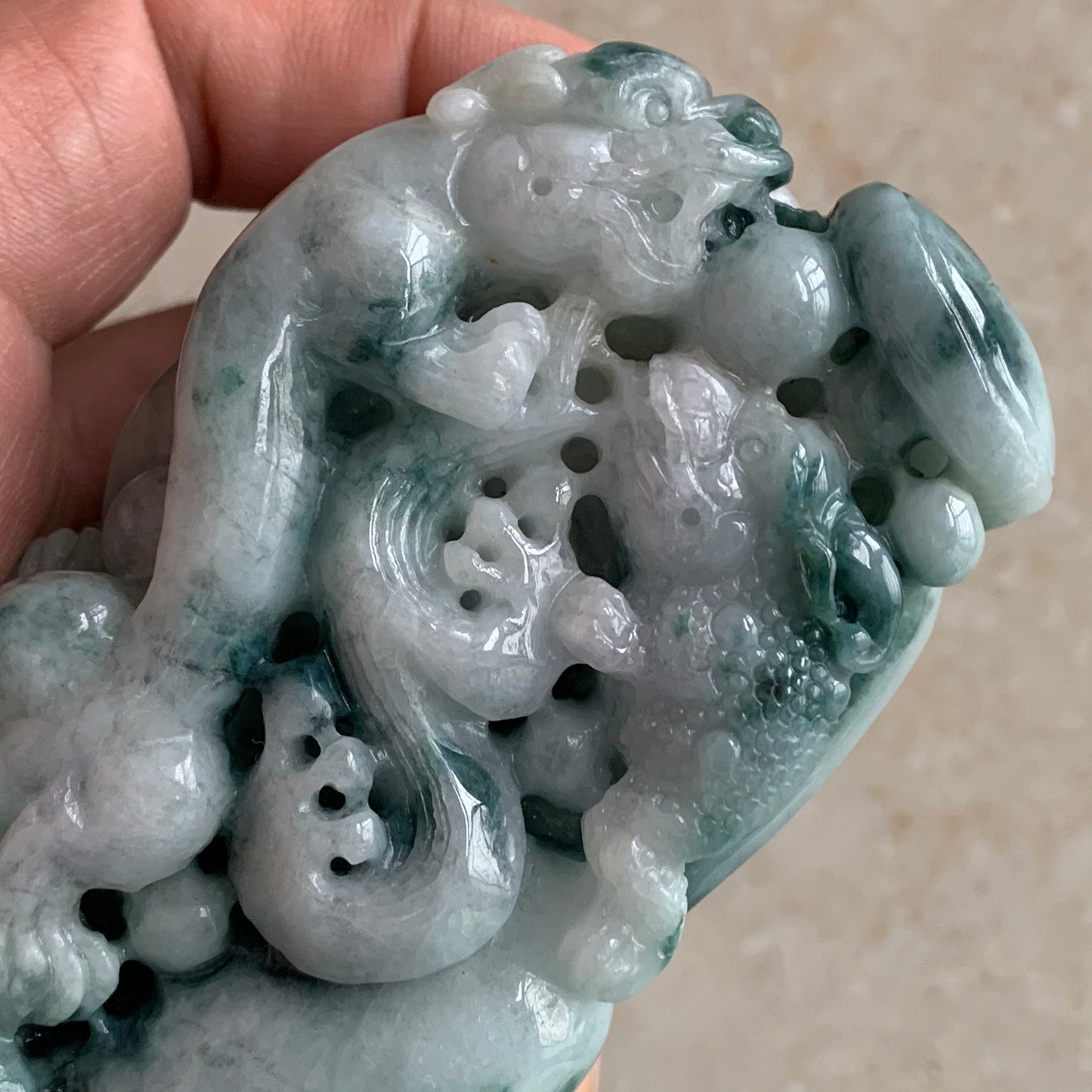 Sqecial Natural Jadeite & Albite jade Green Pixiu and Dragon Hand held Massage Type A Jadeite Natural Burma Jade BEADS Father‘s day gift