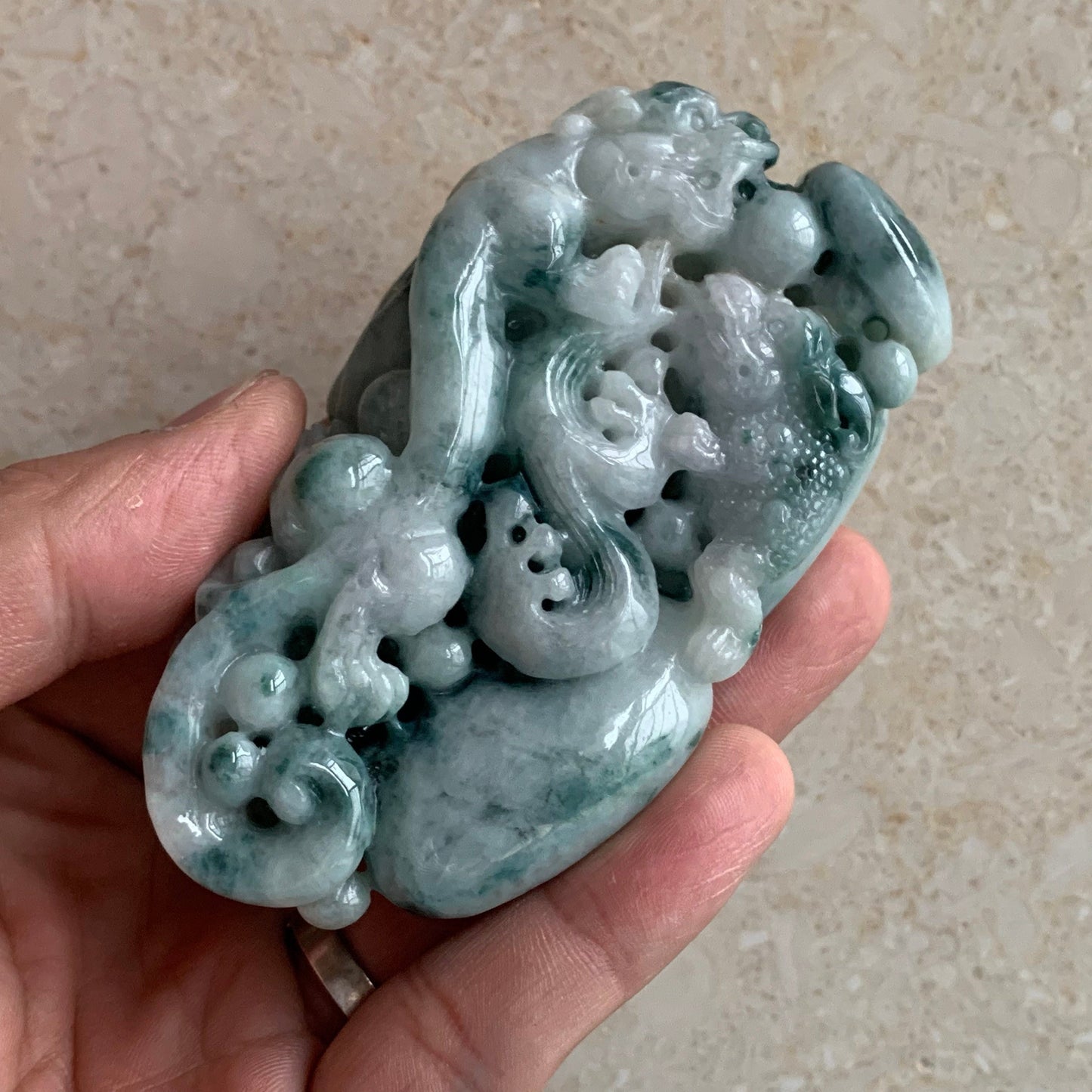 Sqecial Natural Jadeite & Albite jade Green Pixiu and Dragon Hand held Massage Type A Jadeite Natural Burma Jade BEADS Father‘s day gift