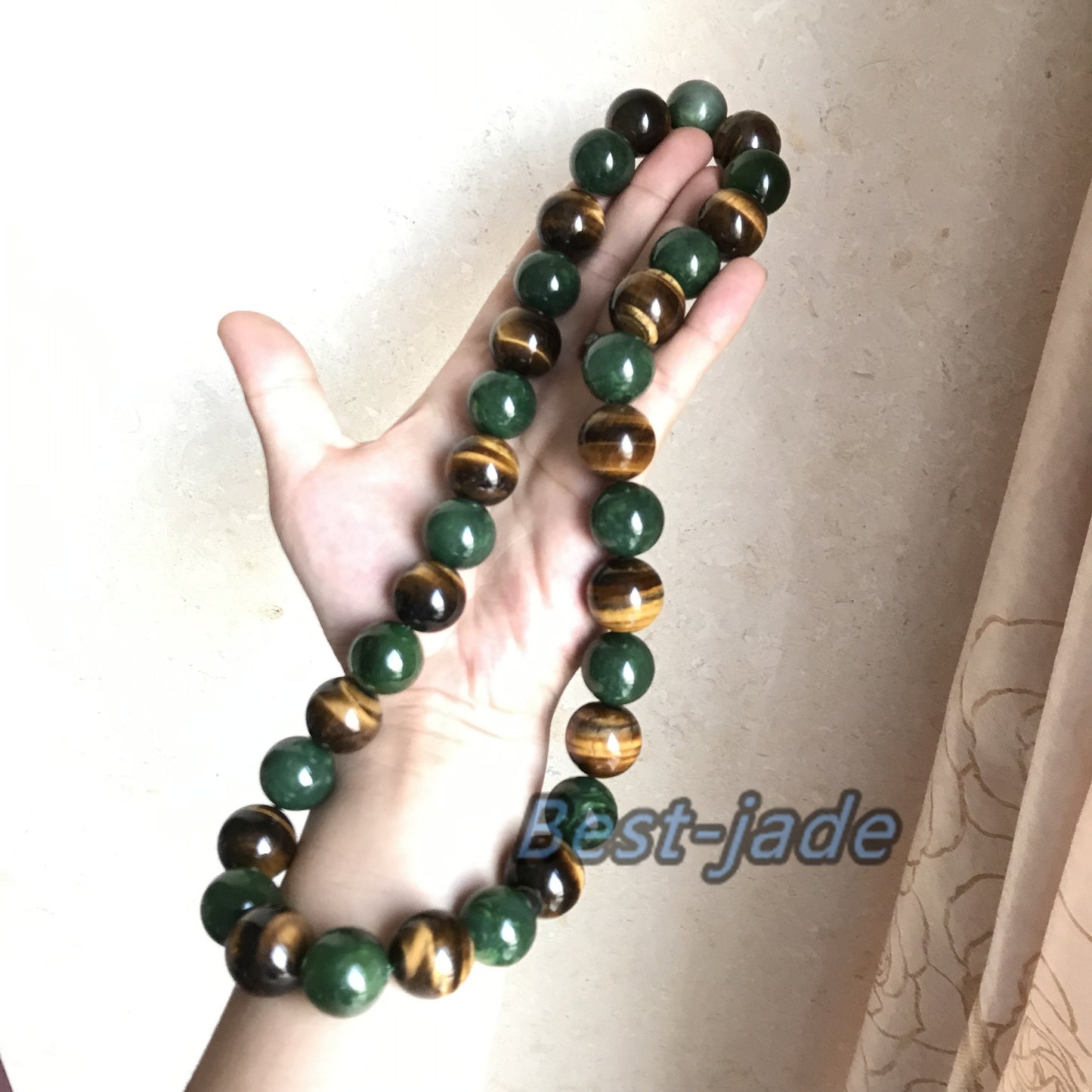 BIG 20mm Nephrite & tiger's-eye jade Grade A Green Canadian Jade Beads Greenstone Jasper Ball Parure Men's necklace