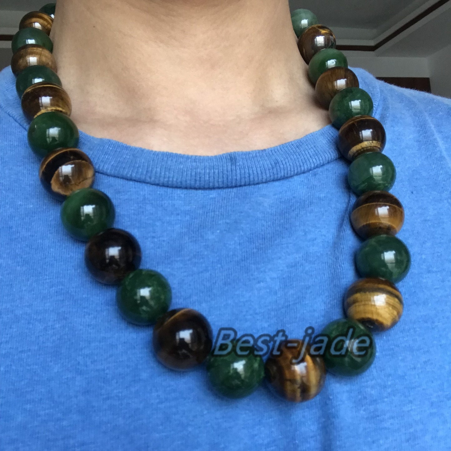 BIG 20mm Nephrite & tiger's-eye jade Grade A Green Canadian Jade Beads Greenstone Jasper Ball Parure Men's necklace