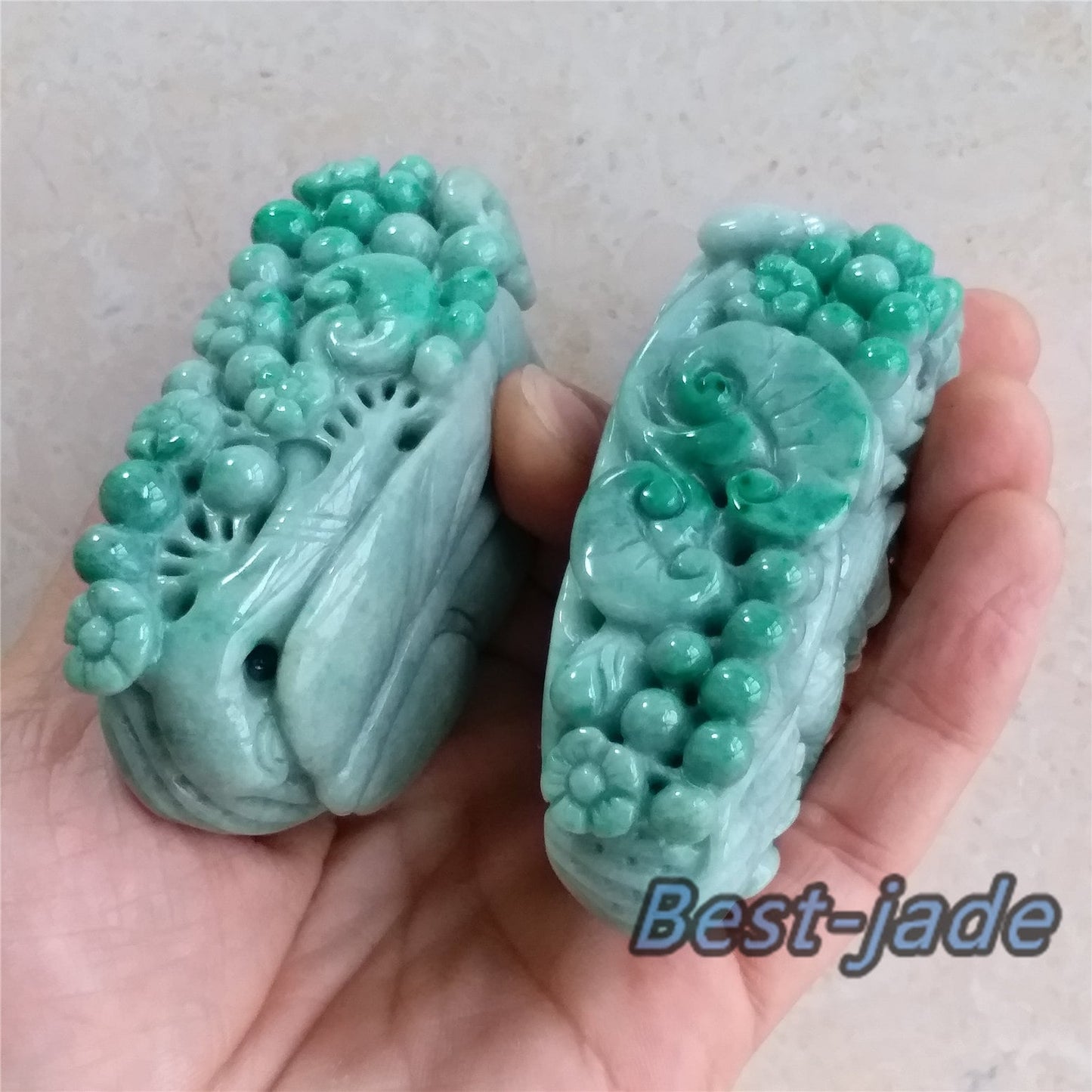 1Pair Unique Natural Green Dragon Hand held Massage Burma Jadeite Grade A Jade A stone 翡翠A货 龙腾虎跃