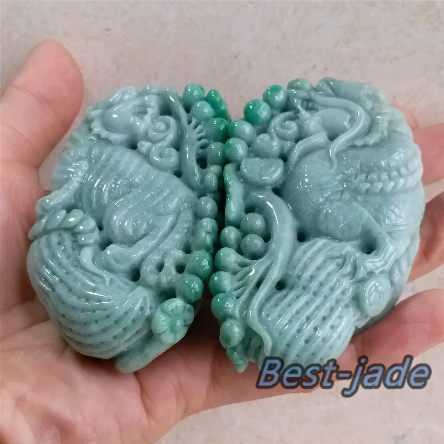 1Pair Unique Natural Green Dragon Hand held Massage Burma Jadeite Grade A Jade A stone 翡翠A货 龙腾虎跃