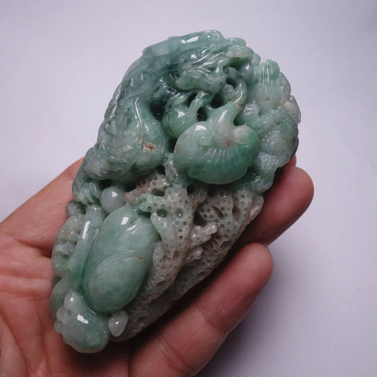 Vintage Dragon  Natura Ice Green  Hand held Massage Burma Jadeite Grade A Jade Type A stone Burmese  Big Pendant 翡翠A货 虎虎生威