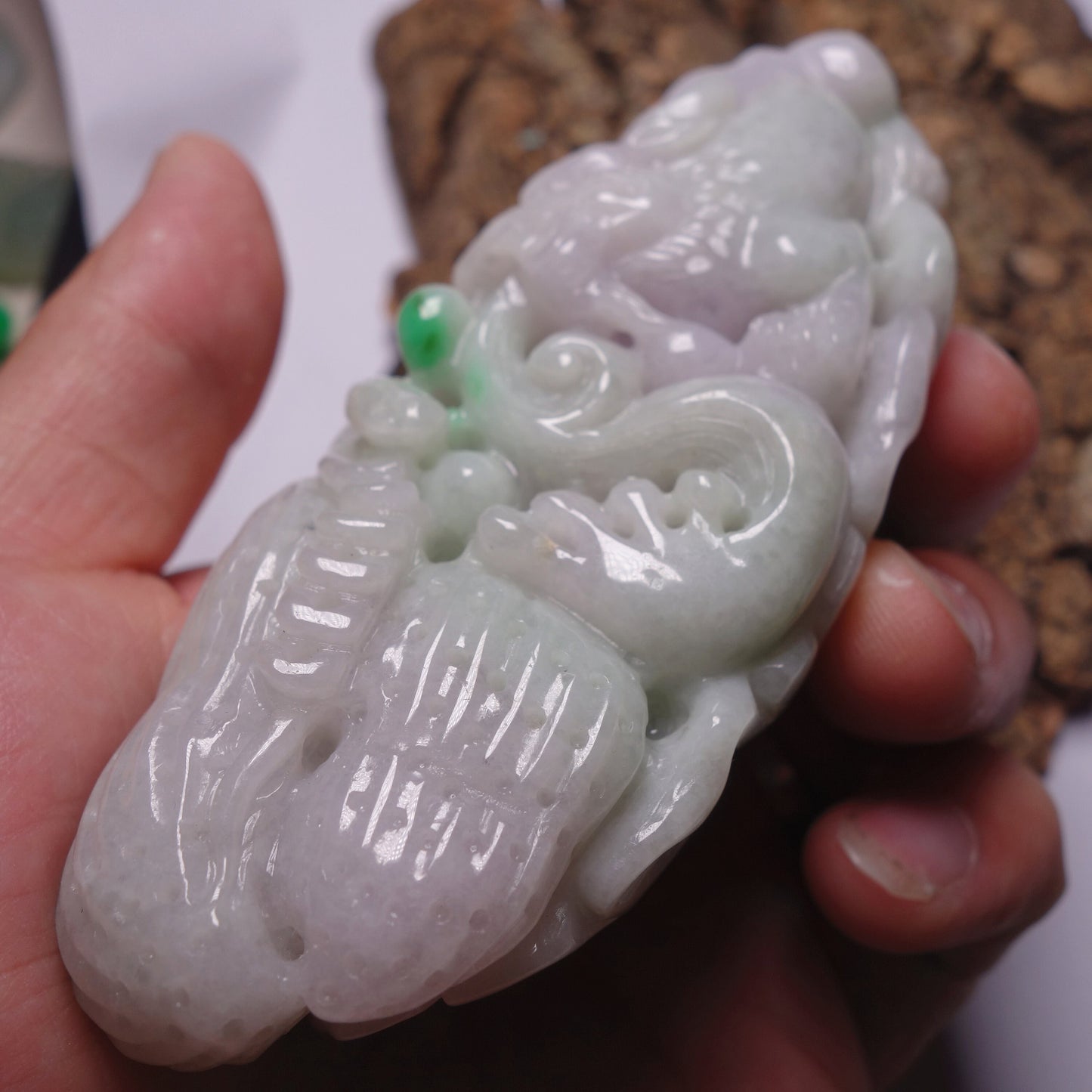 Natura Purple  Green Dragon Hand held Massage Burma Jadeite Grade A Jade A stone Big Pendant 翡翠A货