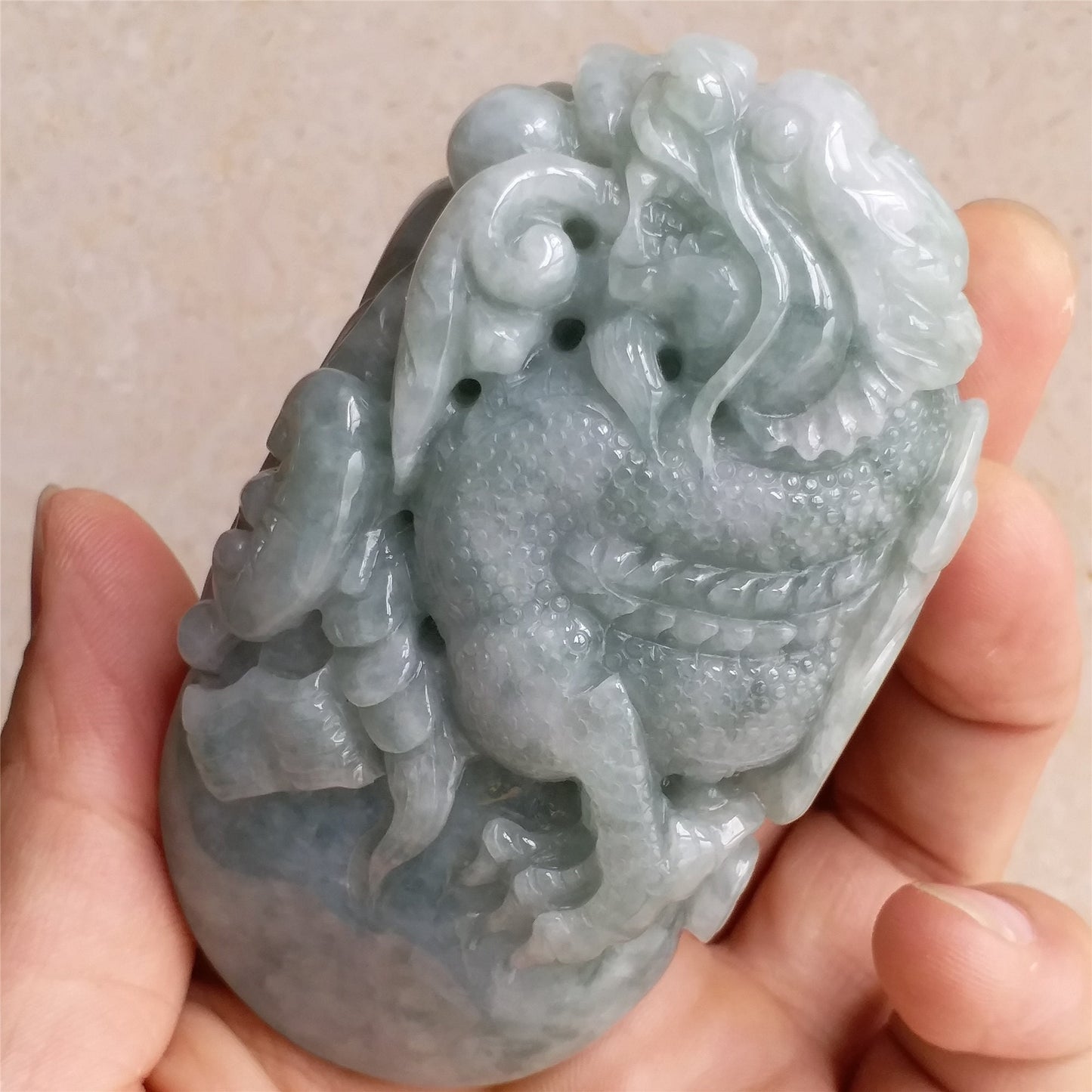 Good carving Natura Ice Green Dragon Hand held Massage Burma Jadeite Grade A Jade A stone Big Pendant 翡翠A货 虎虎生威