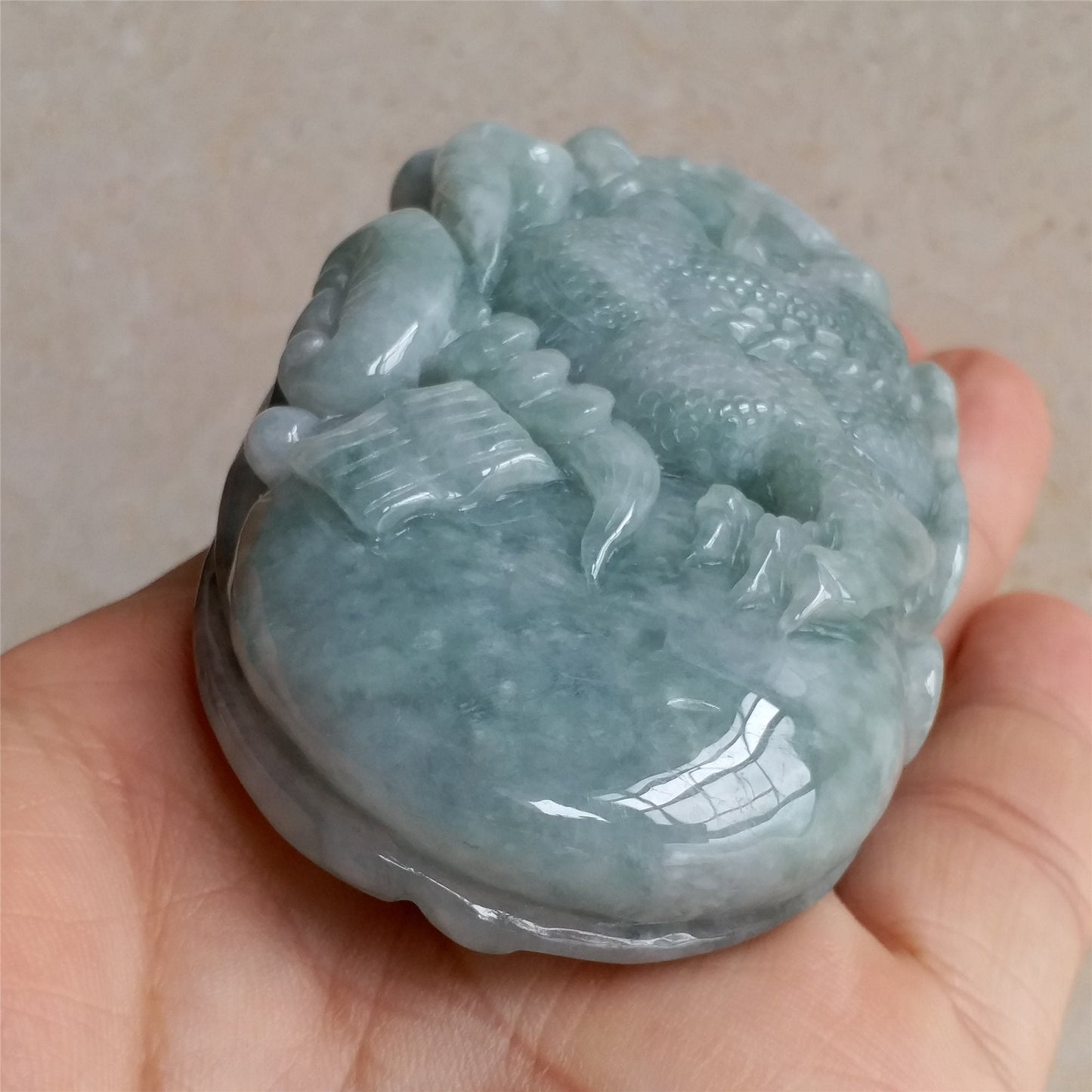 Good carving Natura Ice Green Dragon Hand held Massage Burma Jadeite Grade A Jade A stone Big Pendant 翡翠A货 虎虎生威