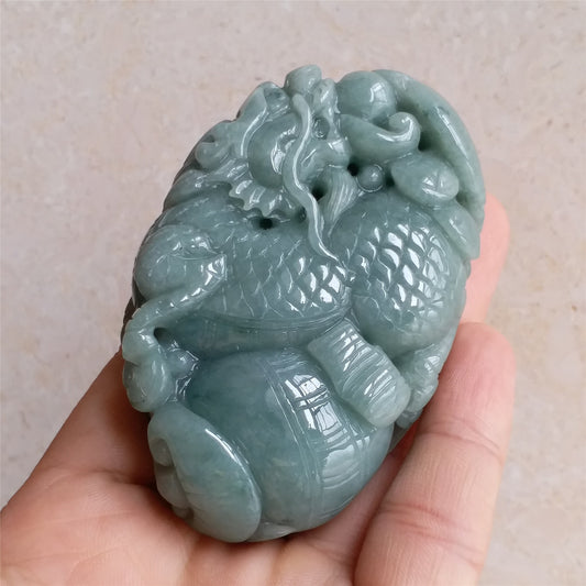 Dragon Natura Ice Green  Hand held Massage Burma Jadeite Grade A Jade Type A stone Burmese  Big Pendant 翡翠A货 生意兴隆 手把件