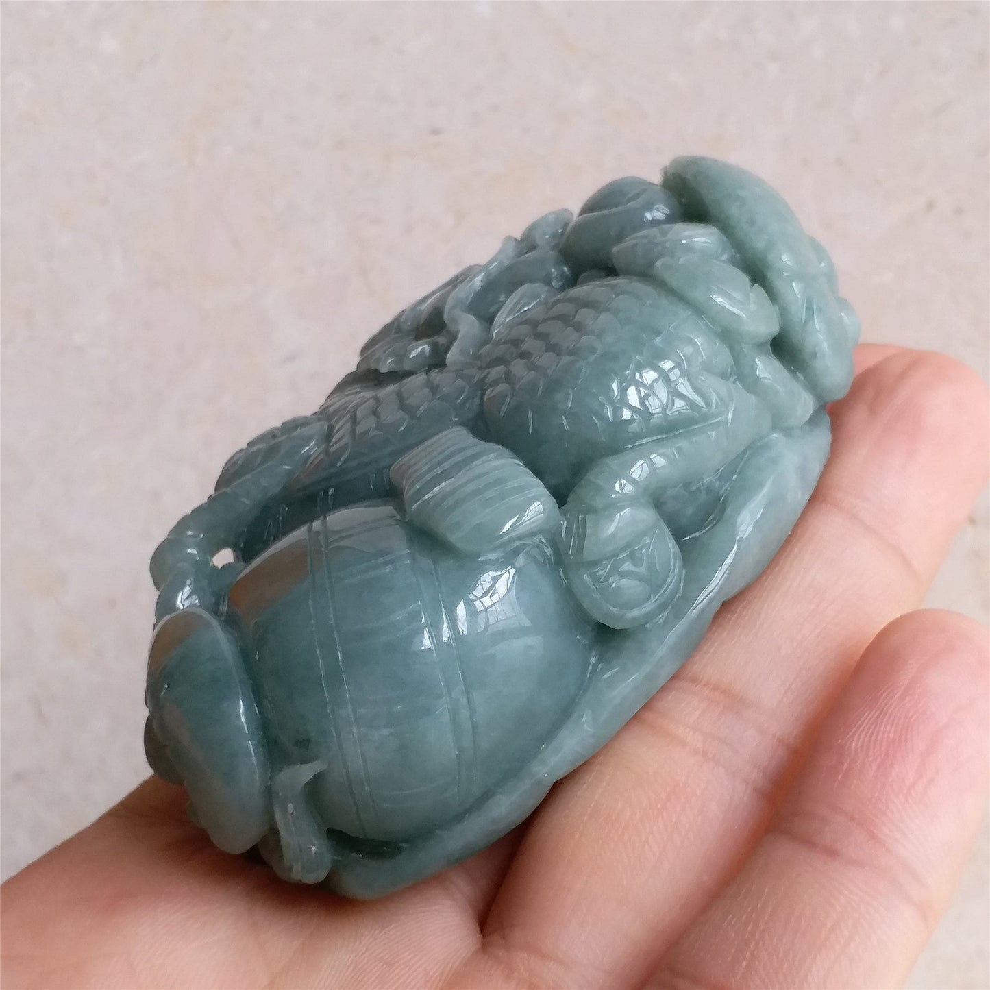 Dragon Natura Ice Green  Hand held Massage Burma Jadeite Grade A Jade Type A stone Burmese  Big Pendant 翡翠A货 生意兴隆 手把件