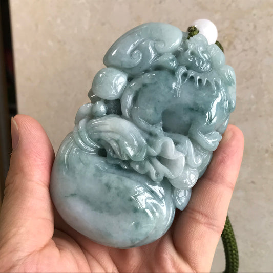 Good carving Natura Ice Green Dragon Hand held Massage Burma Jadeite Grade A Jade A stone Big Pendant 翡翠A货