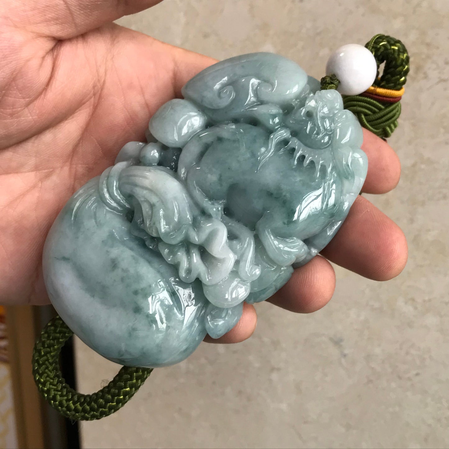 Good carving Natura Ice Green Dragon Hand held Massage Burma Jadeite Grade A Jade A stone Big Pendant 翡翠A货