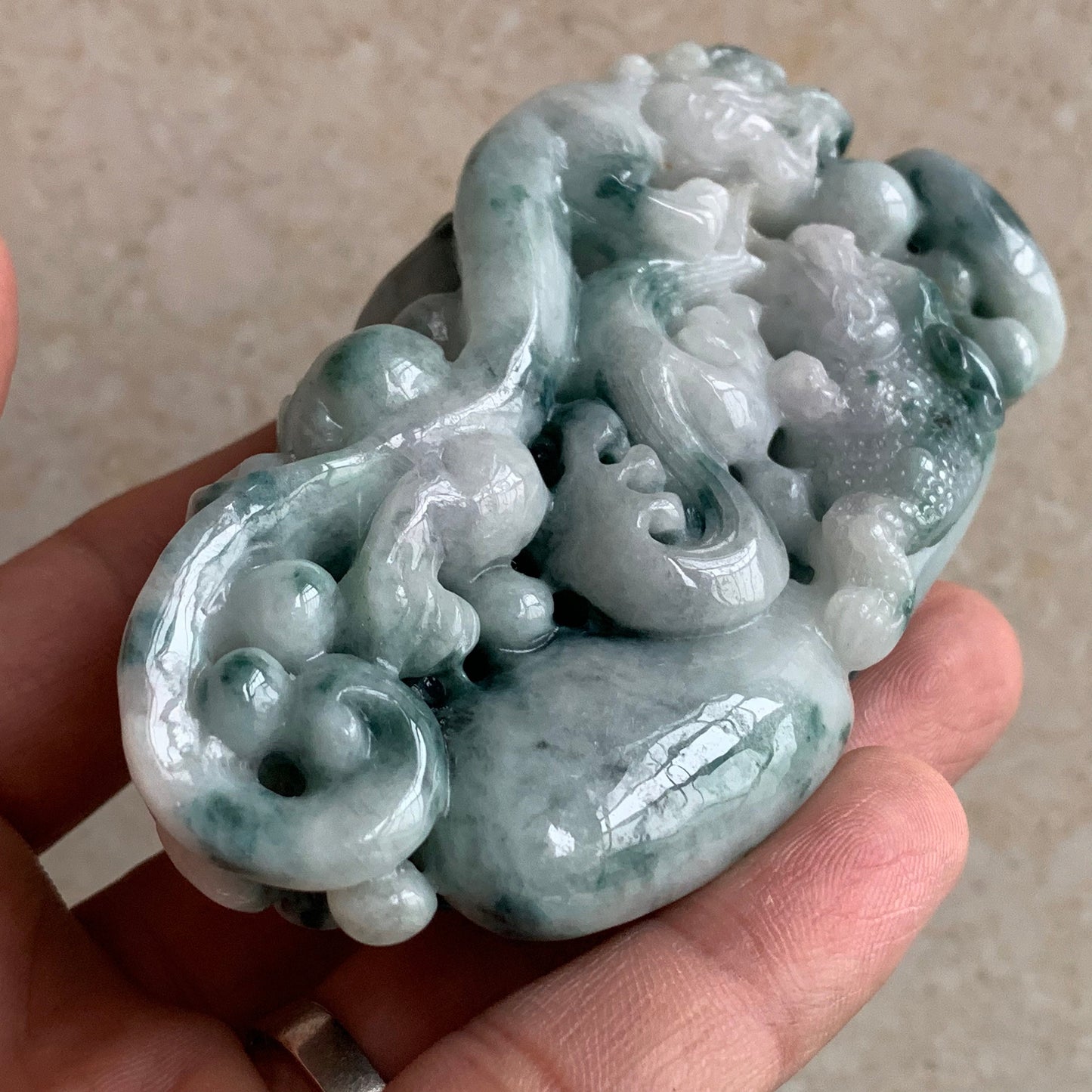 Sqecial Natural Jadeite & Albite jade Green Pixiu and Dragon Hand held Massage Type A Jadeite Natural Burma Jade BEADS Father‘s day gift