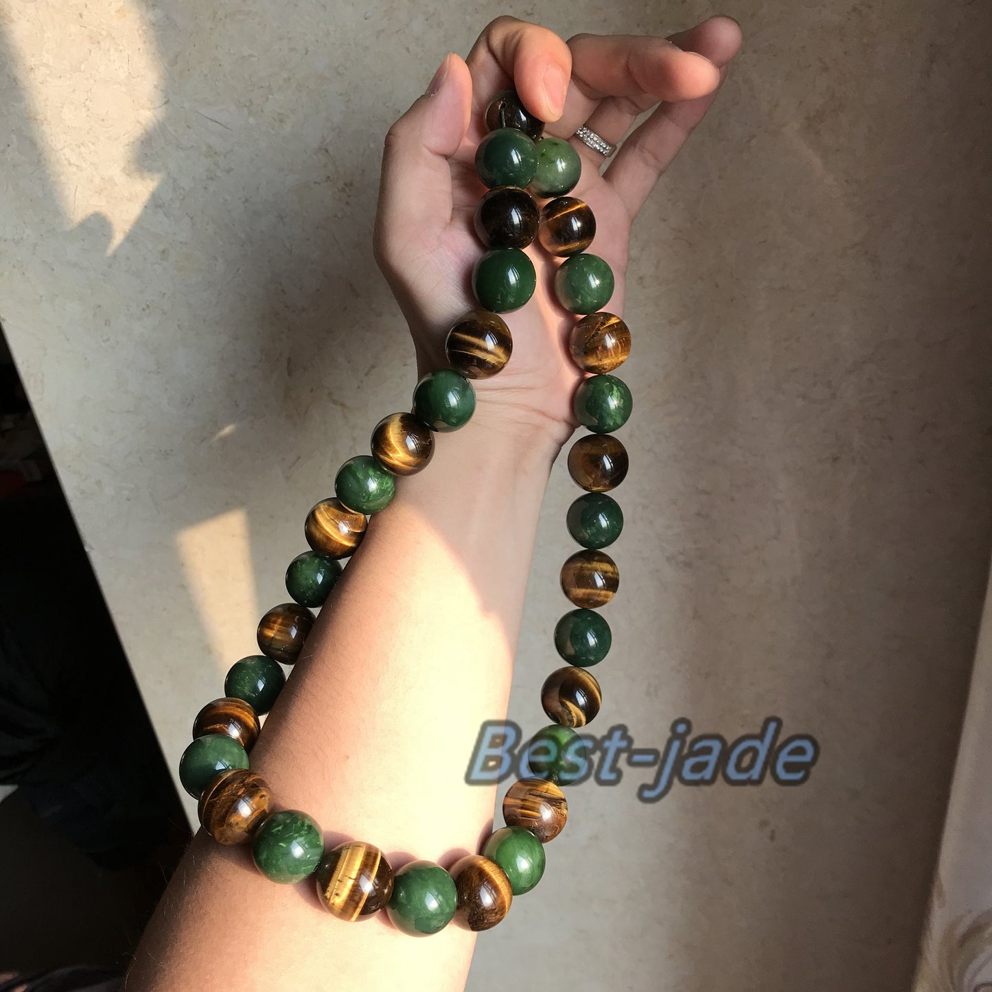 BIG 20mm Nephrite & tiger's-eye jade Grade A Green Canadian Jade Beads Greenstone Jasper Ball Parure Men's necklace