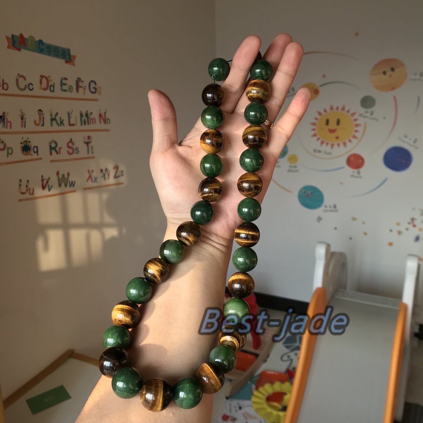 BIG 20mm Nephrite & tiger's-eye jade Grade A Green Canadian Jade Beads Greenstone Jasper Ball Parure Men's necklace