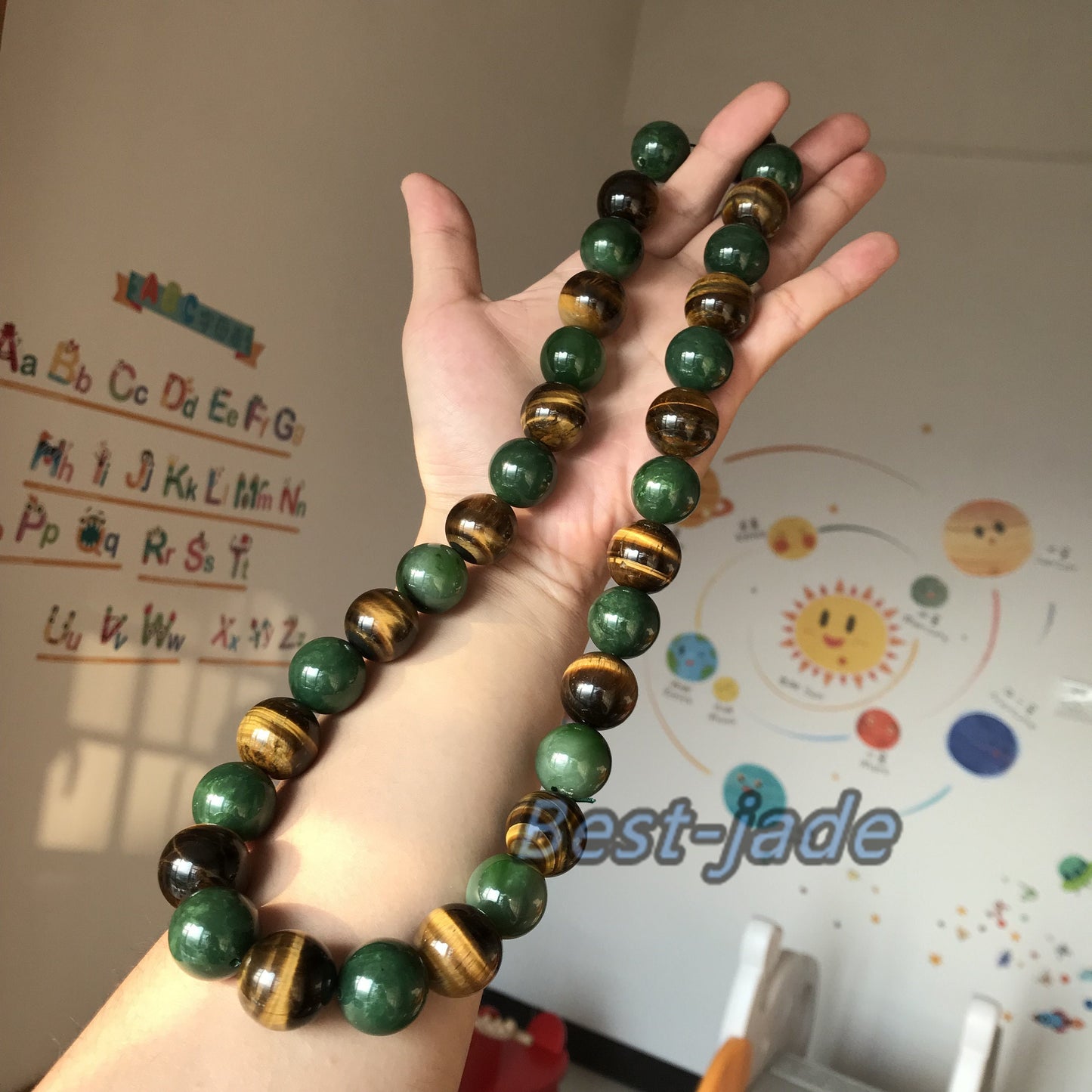 BIG 20mm Nephrite & tiger's-eye jade Grade A Green Canadian Jade Beads Greenstone Jasper Ball Parure Men's necklace