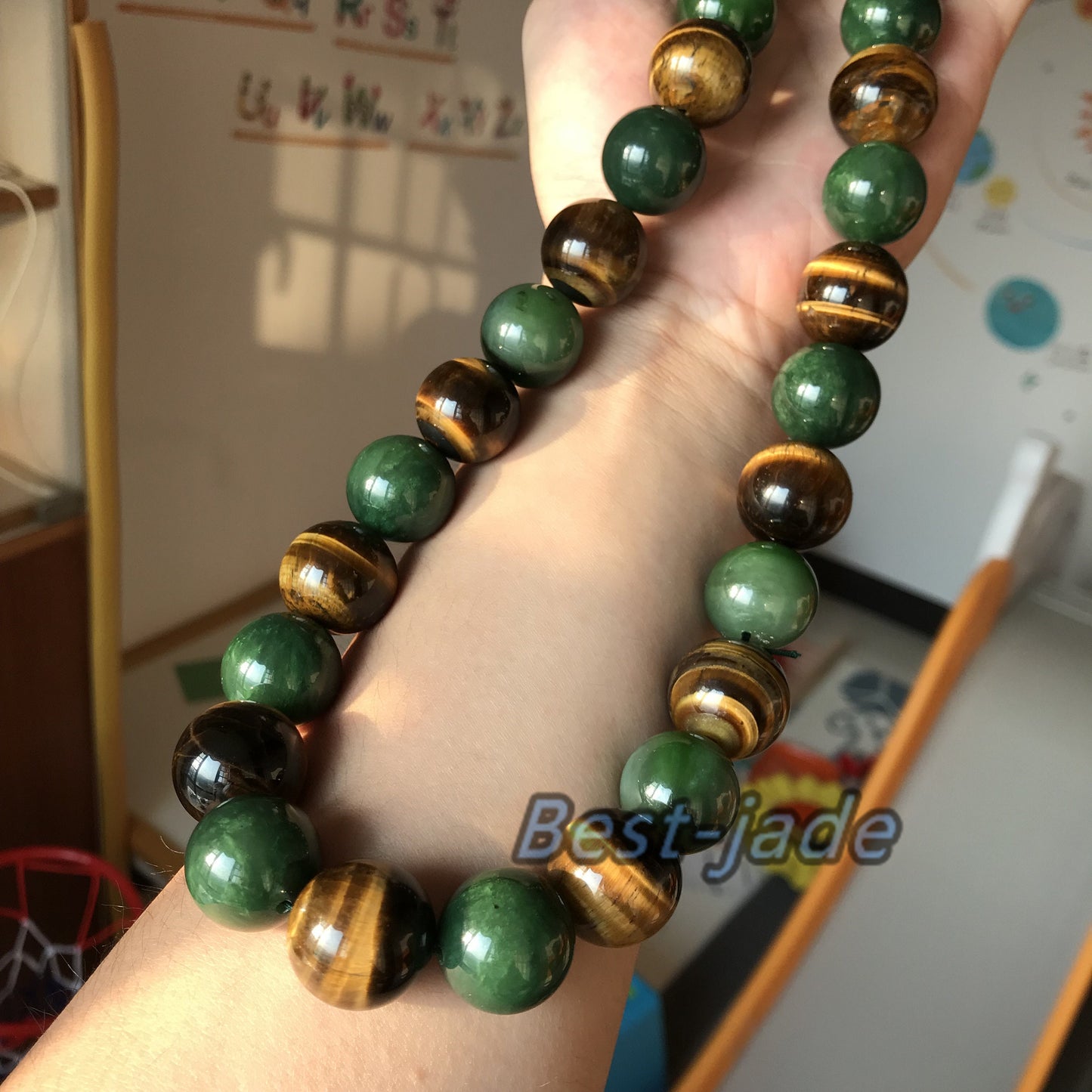 BIG 20mm Nephrite & tiger's-eye jade Grade A Green Canadian Jade Beads Greenstone Jasper Ball Parure Men's necklace