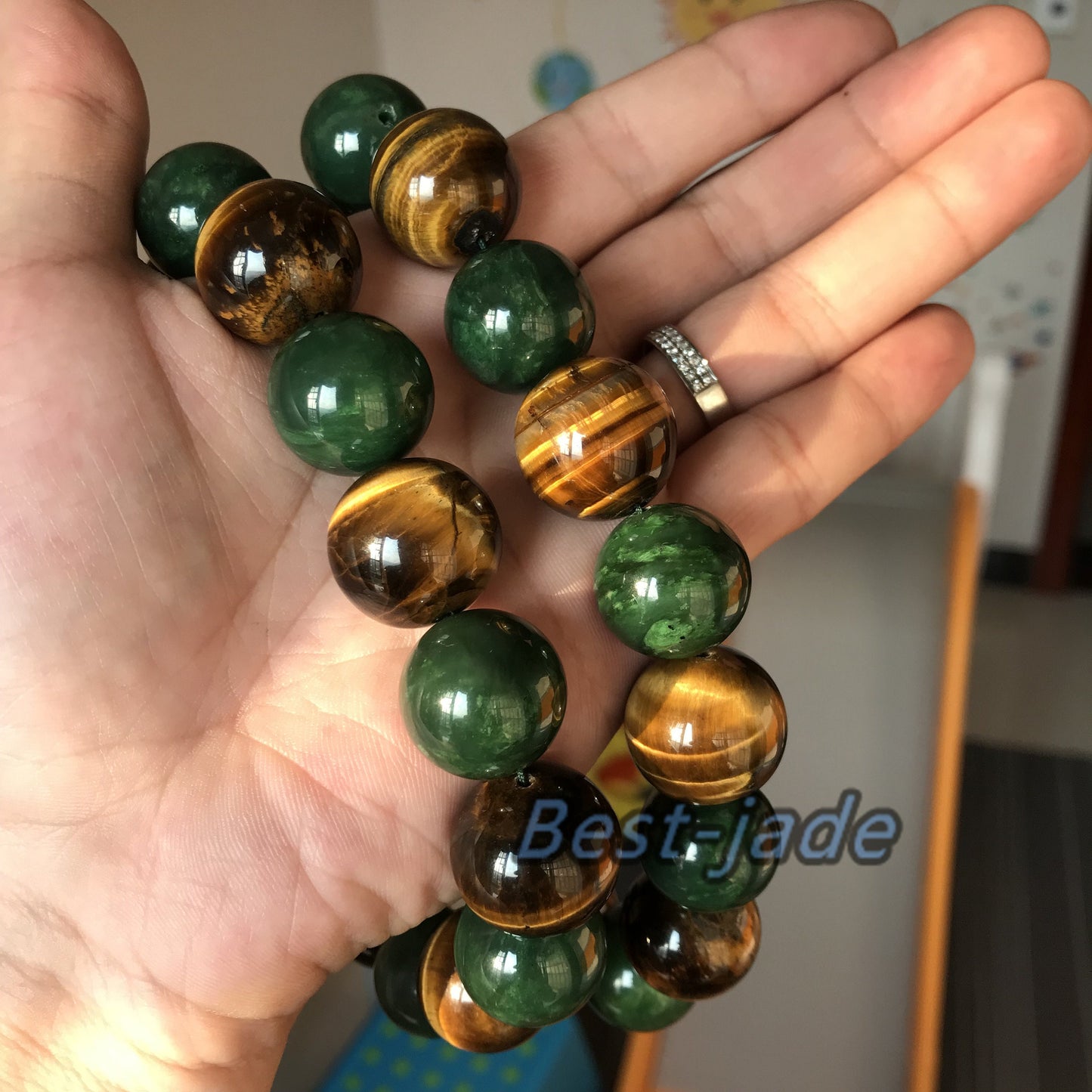 BIG 20mm Nephrite & tiger's-eye jade Grade A Green Canadian Jade Beads Greenstone Jasper Ball Parure Men's necklace