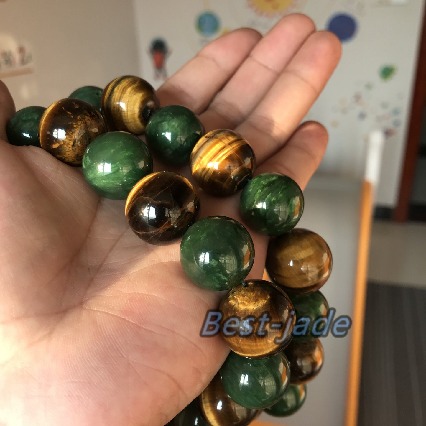 BIG 20mm Nephrite & tiger's-eye jade Grade A Green Canadian Jade Beads Greenstone Jasper Ball Parure Men's necklace