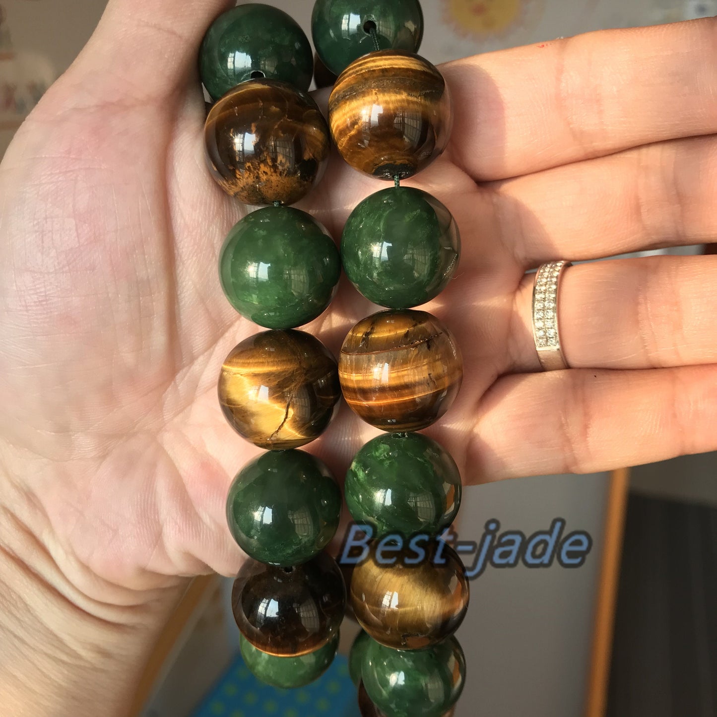 BIG 20mm Nephrite & tiger's-eye jade Grade A Green Canadian Jade Beads Greenstone Jasper Ball Parure Men's necklace