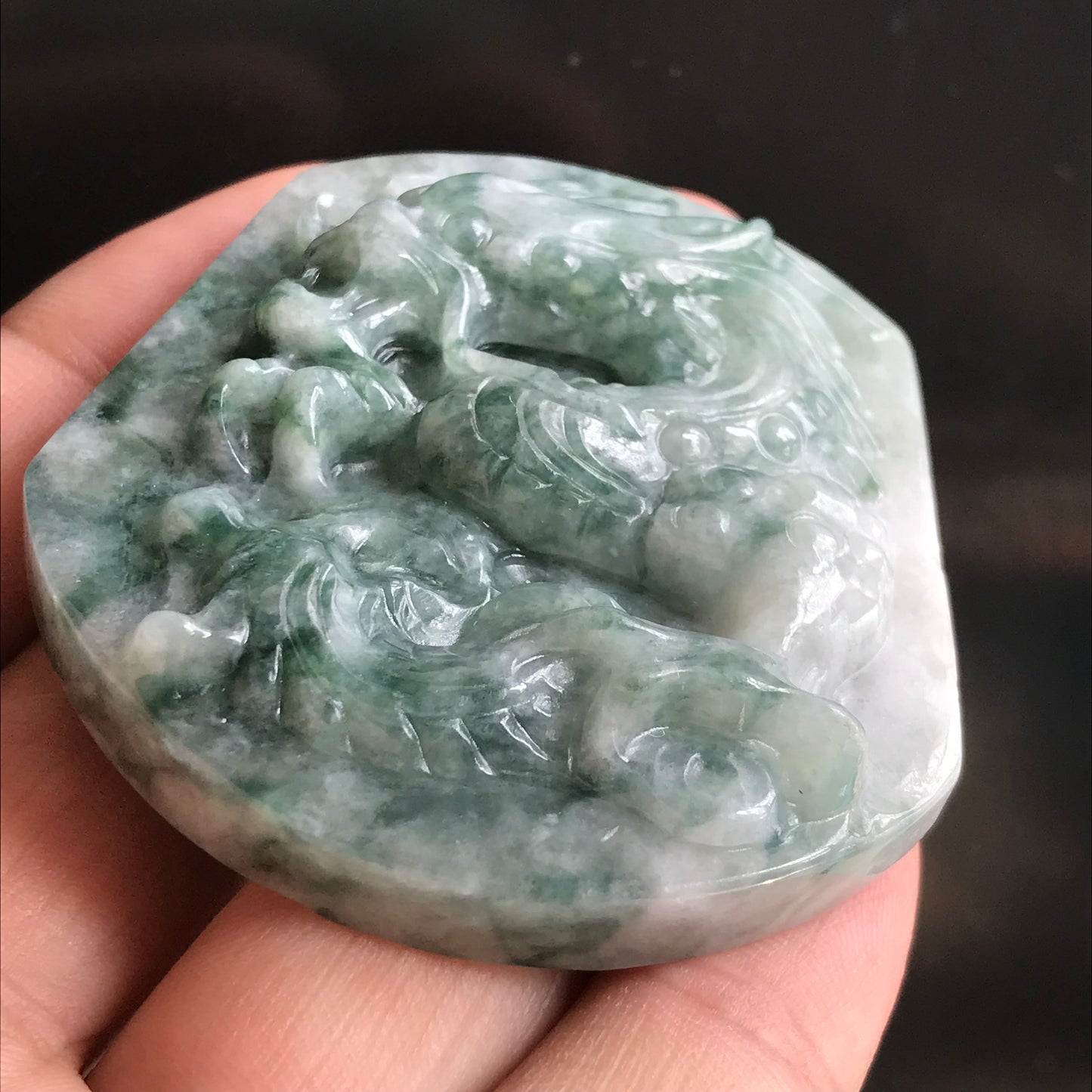 Natural Green Grade A JADE Burma Jadeite Dragon Hand craved Man pendant necklace Myanmar A Type Stone Grey 油青料翡翠A货