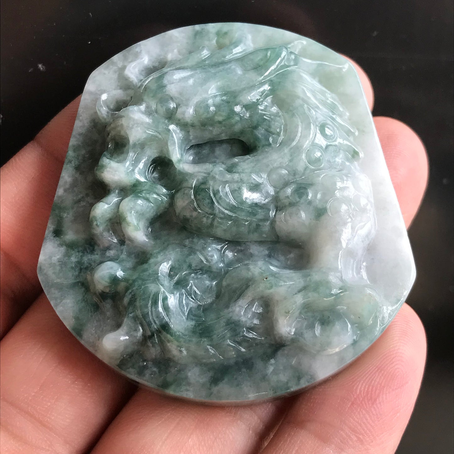 Natural Green Grade A JADE Burma Jadeite Dragon Hand craved Man pendant necklace Myanmar A Type Stone Grey 油青料翡翠A货