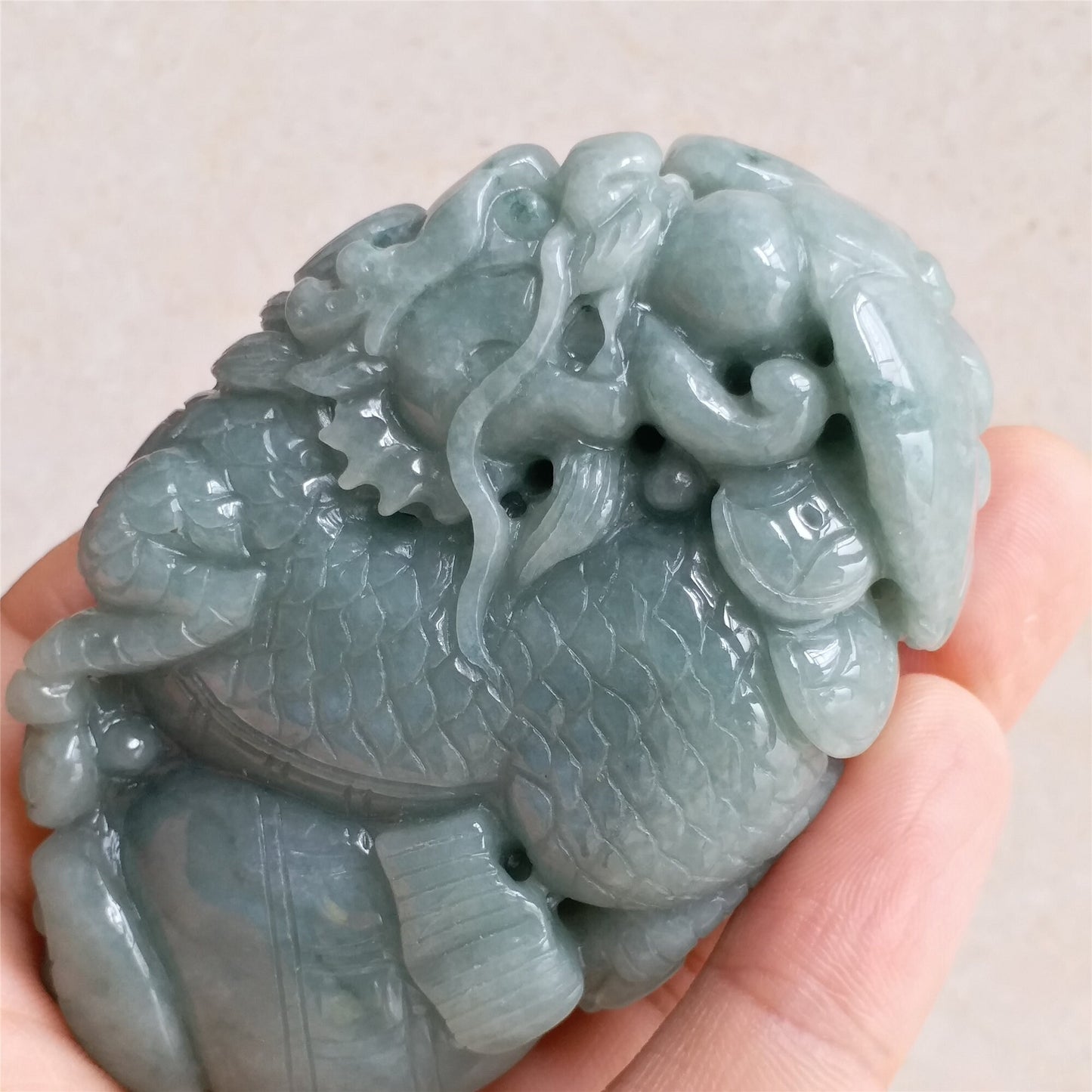 Dragon Natura Ice Green  Hand held Massage Burma Jadeite Grade A Jade Type A stone Burmese  Big Pendant 翡翠A货 生意兴隆 手把件