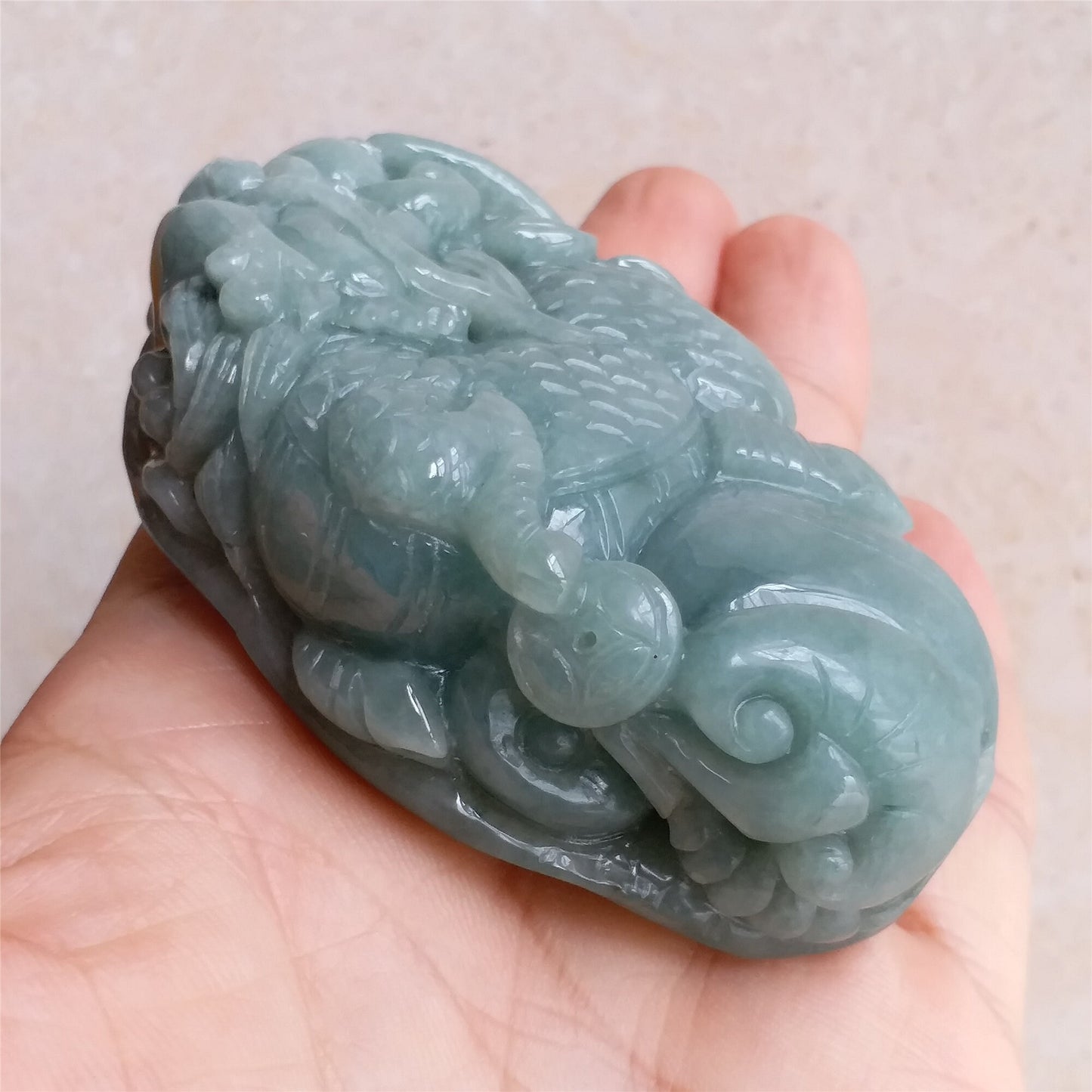 Dragon Natura Ice Green  Hand held Massage Burma Jadeite Grade A Jade Type A stone Burmese  Big Pendant 翡翠A货 生意兴隆 手把件