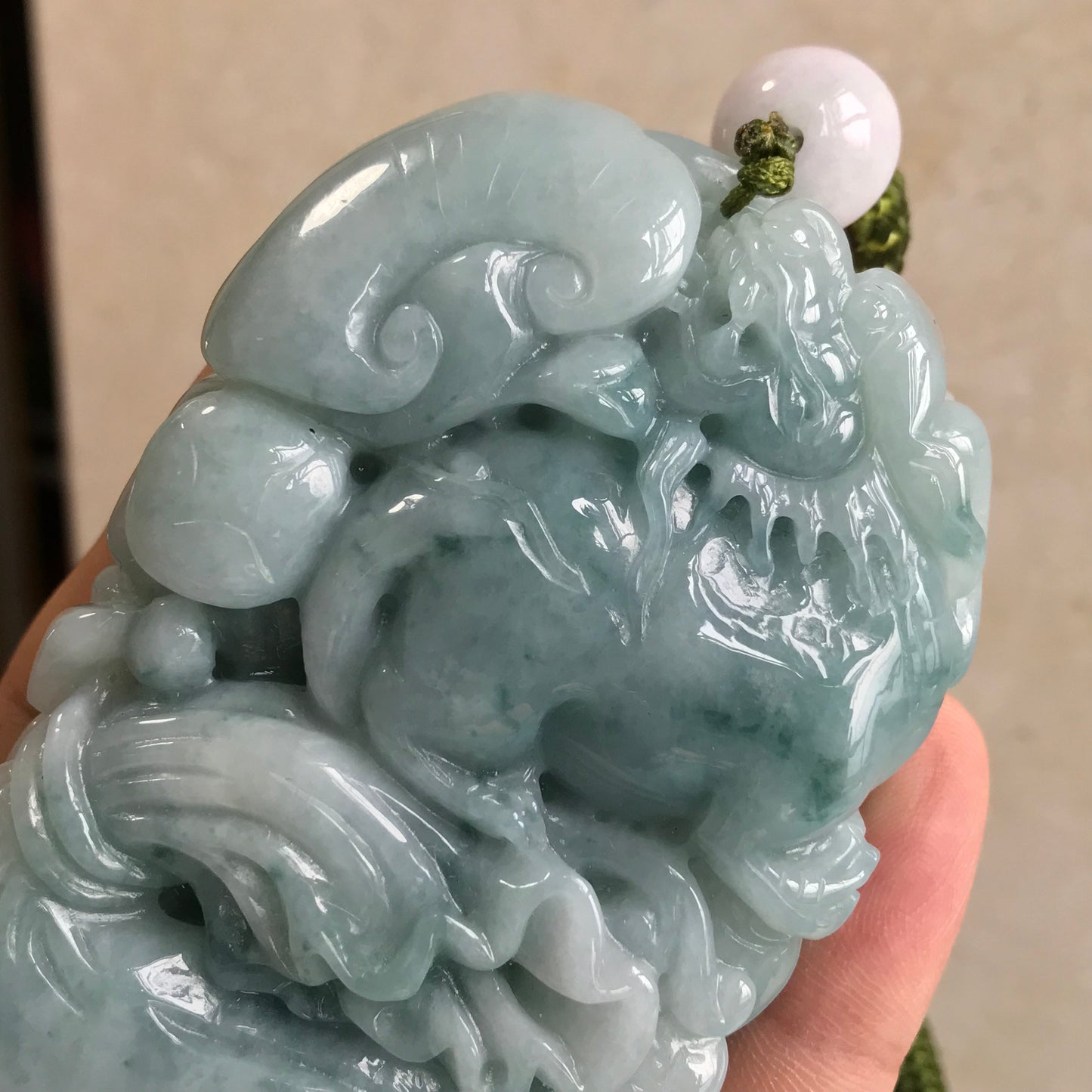 Good carving Natura Ice Green Dragon Hand held Massage Burma Jadeite Grade A Jade A stone Big Pendant 翡翠A货