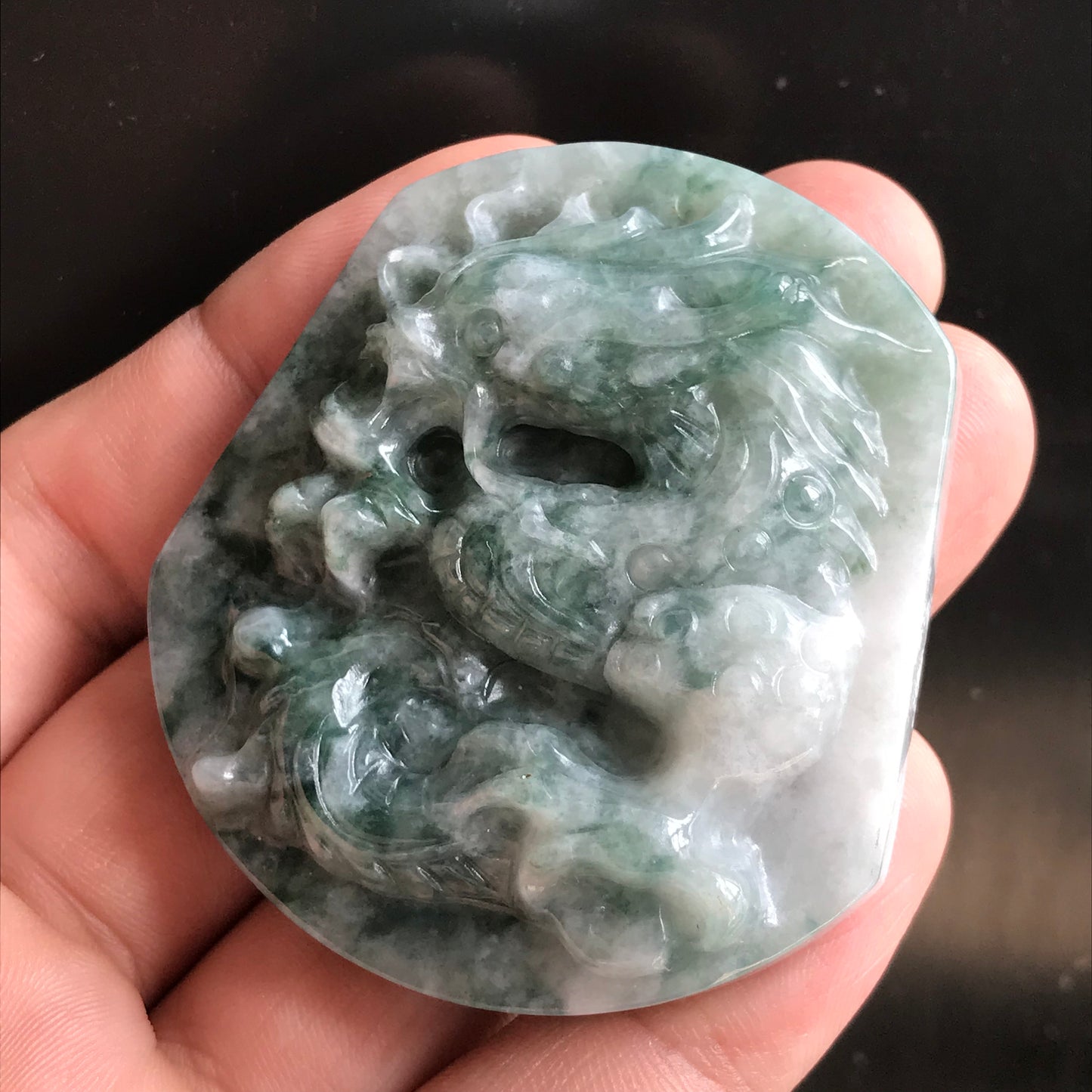 Natural Green Grade A JADE Burma Jadeite Dragon Hand craved Man pendant necklace Myanmar A Type Stone Grey 油青料翡翠A货