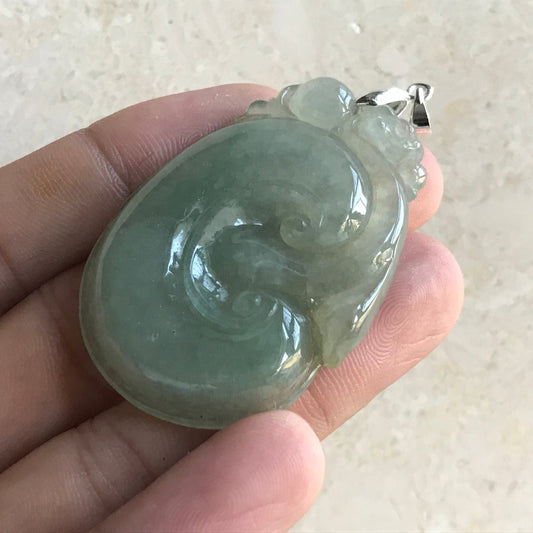 Vintage Ruyi Ice Grade A Jadeite Natural Green Burma jade Lady pendant with 925 Silver clasp Lady necklace Type A stone 豆色冰种翡翠A货